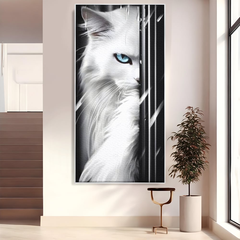 Tablou canvas cu tablou canvas cu pisica alba si ochi albastri, in rama de aluminiu argintiu